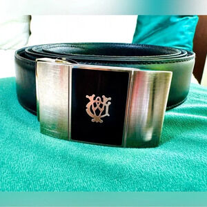 Dunhill Black Leather Belt with Silver Brushed Metal Buckle